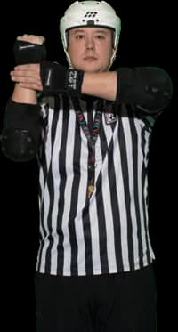 Referee holding one forearm vertical and gripping it with the opposite hand