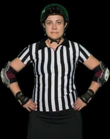 Referee with hands on hips and elbows out, the jam-ending signal