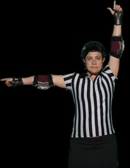 Referee pointing one arm at the Jammer while raising the other in an "L" shape