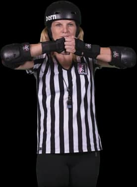 Referee hooking the fingers of both hands together in front of the chest