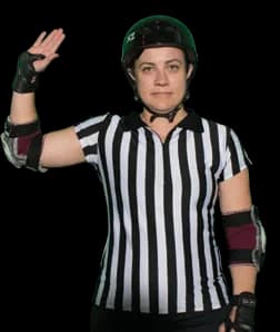 Referee holding one arm up at a right angle with an open palm