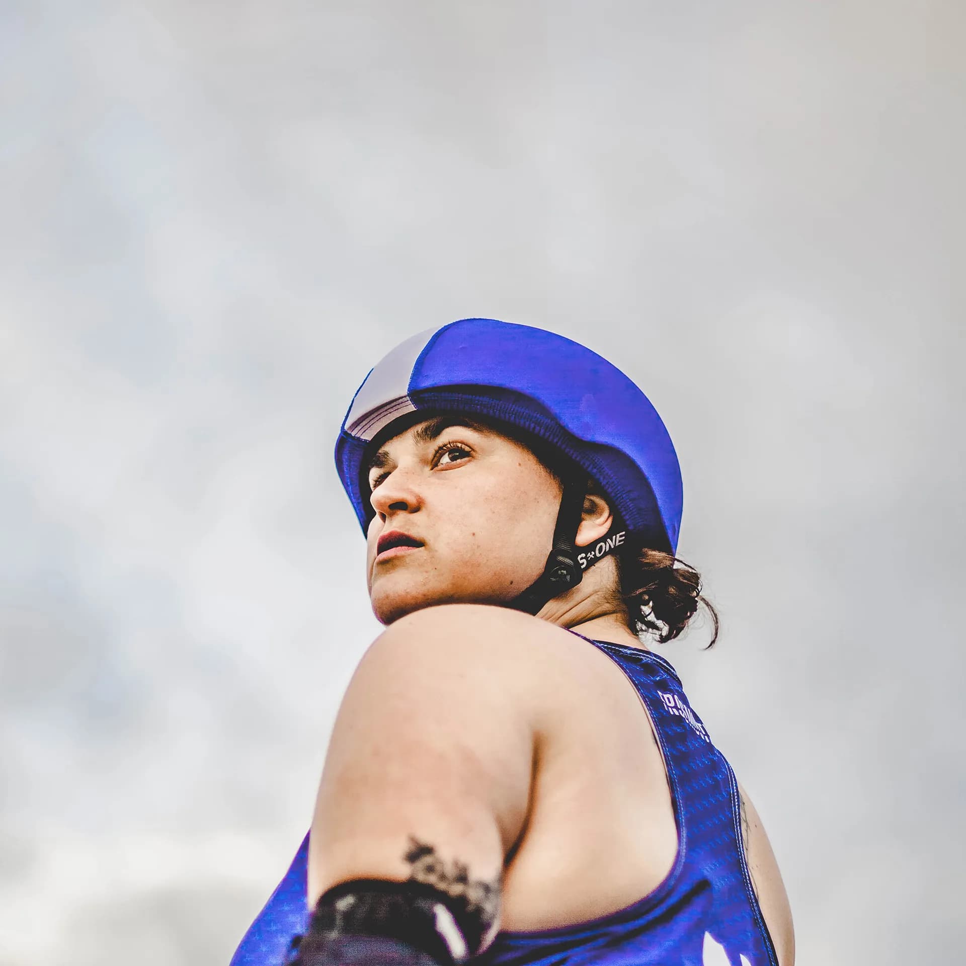 Jet City Roller Derby skater gazing toward the sky